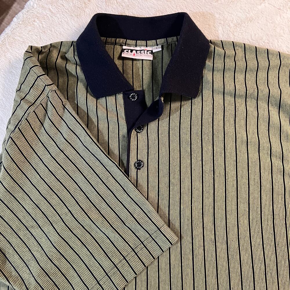 Classic Design Studio First Class Polo – Men's L – Green and Black Striped